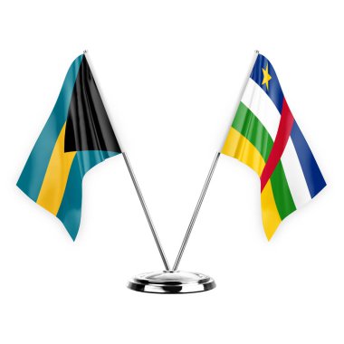 Two table flags isolated on white background 3d illustration, bahamas and central african republic