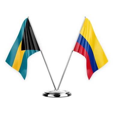 Two table flags isolated on white background 3d illustration, bahamas and colombia