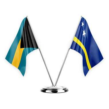 Two table flags isolated on white background 3d illustration, bahamas and curacao