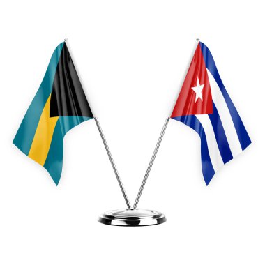 Two table flags isolated on white background 3d illustration, bahamas and cuba