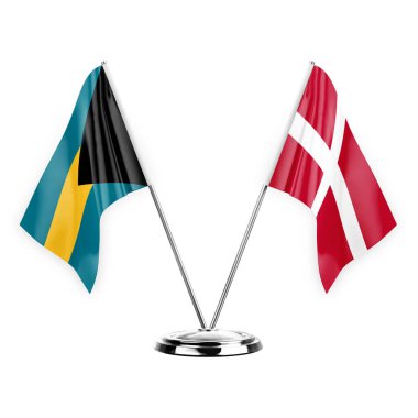 Two table flags isolated on white background 3d illustration, bahamas and denmark