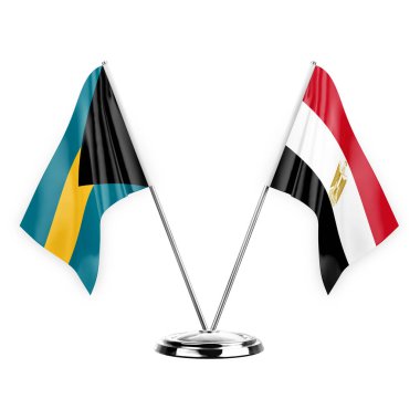 Two table flags isolated on white background 3d illustration, bahamas and egypt