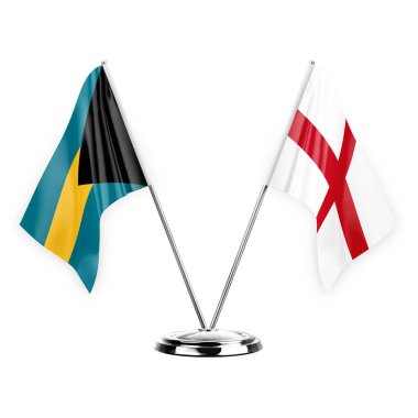 Two table flags isolated on white background 3d illustration, bahamas and england
