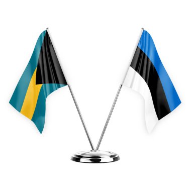 Two table flags isolated on white background 3d illustration, bahamas and estonia
