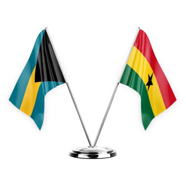 Two table flags isolated on white background 3d illustration, bahamas and ghana