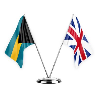 Two table flags isolated on white background 3d illustration, bahamas and britain