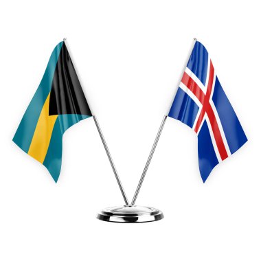 Two table flags isolated on white background 3d illustration, bahamas and iceland