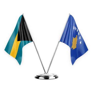 Two table flags isolated on white background 3d illustration, bahamas and kosovo
