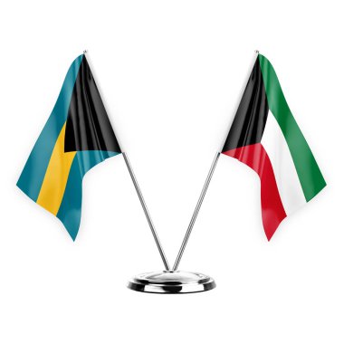 Two table flags isolated on white background 3d illustration, bahamas and kuwait
