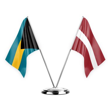 Two table flags isolated on white background 3d illustration, bahamas and latvia