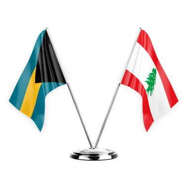 Two table flags isolated on white background 3d illustration, bahamas and lebanon