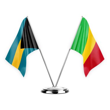 Two table flags isolated on white background 3d illustration, bahamas and mali