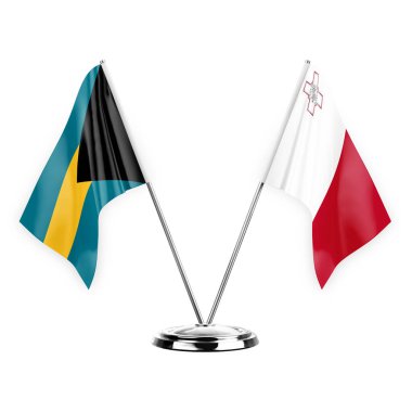 Two table flags isolated on white background 3d illustration, bahamas and malta