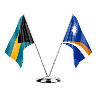 Two table flags isolated on white background 3d illustration, bahamas and marshall islands
