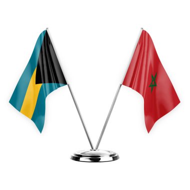 Two table flags isolated on white background 3d illustration, bahamas and morocco