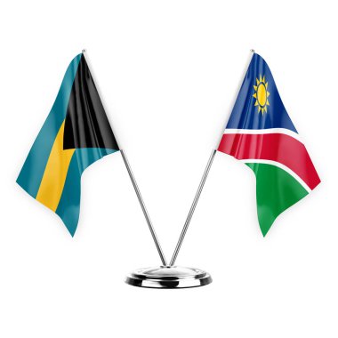 Two table flags isolated on white background 3d illustration, bahamas and namibia