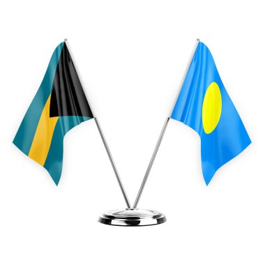 Two table flags isolated on white background 3d illustration, bahamas and palau