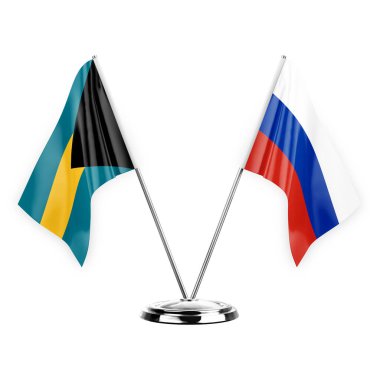 Two table flags isolated on white background 3d illustration, bahamas and russia