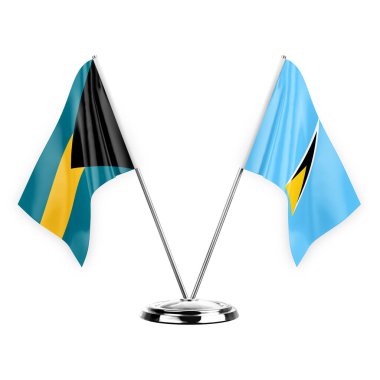 Two table flags isolated on white background 3d illustration, bahamas and saint lucia