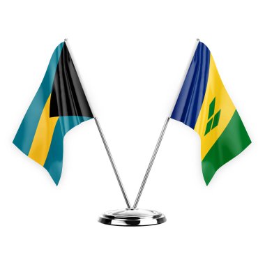 Two table flags isolated on white background 3d illustration, bahamas and saint vincent and the grenadines
