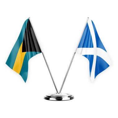 Two table flags isolated on white background 3d illustration, bahamas and scotland