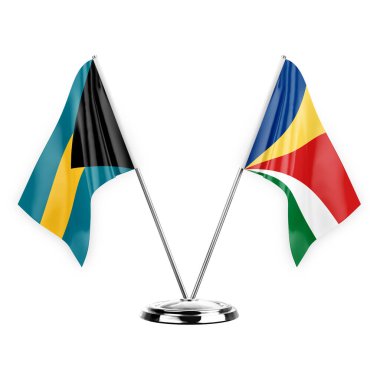 Two table flags isolated on white background 3d illustration, bahamas and seychelles