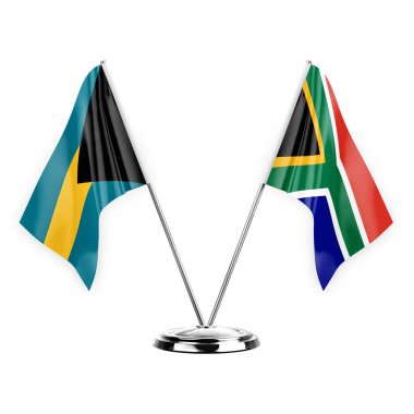 Two table flags isolated on white background 3d illustration, bahamas and south africa