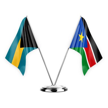 Two table flags isolated on white background 3d illustration, bahamas and south sudan