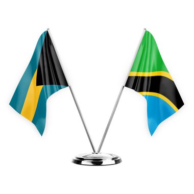 Two table flags isolated on white background 3d illustration, bahamas and tanzania