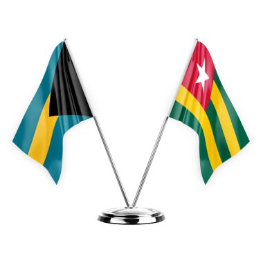 Two table flags isolated on white background 3d illustration, bahamas and togo