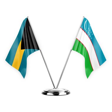 Two table flags isolated on white background 3d illustration, bahamas and uzbekistan