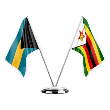 Two table flags isolated on white background 3d illustration, bahamas and zimbabwe
