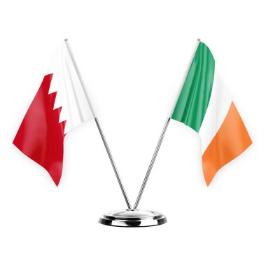 Two table flags isolated on white background 3d illustration, bahrain and ireland