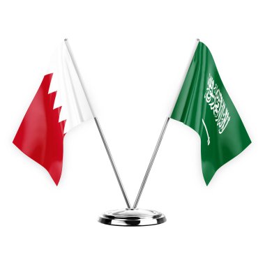 Two table flags isolated on white background 3d illustration, bahrain and saudi arabia