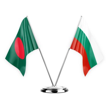 Two table flags isolated on white background 3d illustration, bangladesh and bulgaria