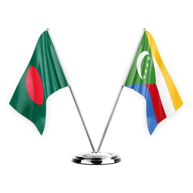 Two table flags isolated on white background 3d illustration, bangladesh and comoros