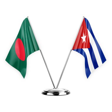 Two table flags isolated on white background 3d illustration, bangladesh and cuba