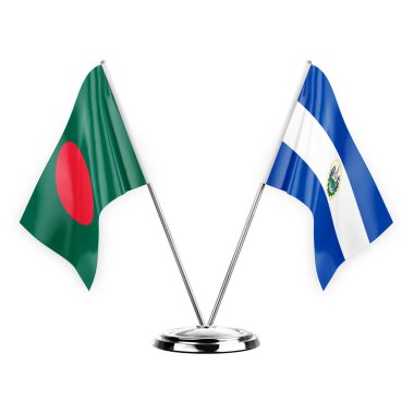 Two table flags isolated on white background 3d illustration, bangladesh and el salvador