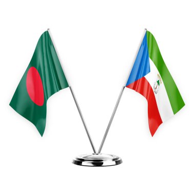 Two table flags isolated on white background 3d illustration, bangladesh and equatorial guinea