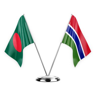 Two table flags isolated on white background 3d illustration, bangladesh and gambia