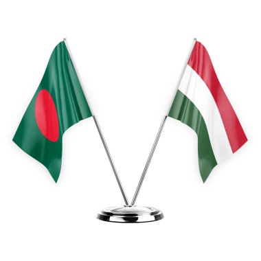 Two table flags isolated on white background 3d illustration, bangladesh and hungary