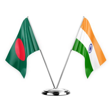 Two table flags isolated on white background 3d illustration, bangladesh and india