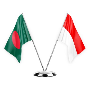 Two table flags isolated on white background 3d illustration, bangladesh and indonesia