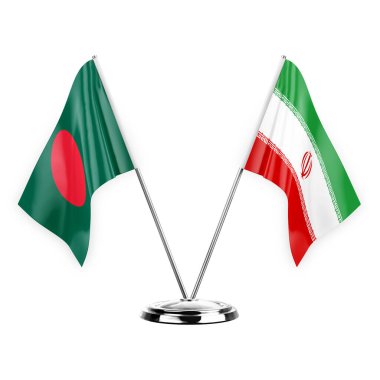 Two table flags isolated on white background 3d illustration, bangladesh and iran