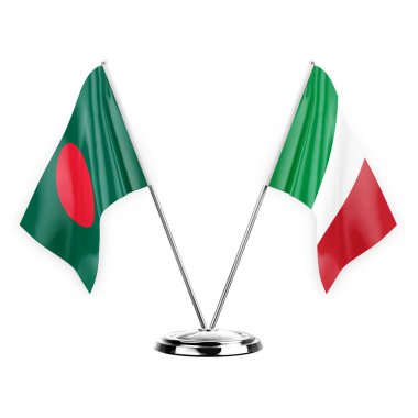 Two table flags isolated on white background 3d illustration, bangladesh and italy