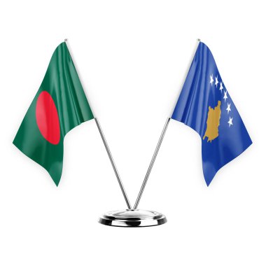 Two table flags isolated on white background 3d illustration, bangladesh and kosovo
