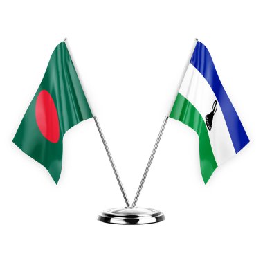 Two table flags isolated on white background 3d illustration, bangladesh and lesotho