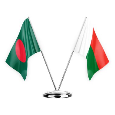Two table flags isolated on white background 3d illustration, bangladesh and madagascar