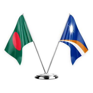 Two table flags isolated on white background 3d illustration, bangladesh and marshall islands