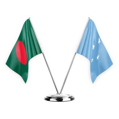 Two table flags isolated on white background 3d illustration, bangladesh and micronesia